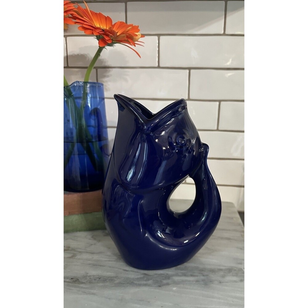 Gurgle Pot Fish 9.5" Pitcher 2006 Indigo Blue Cobalt Ceramic Gurgling Vase